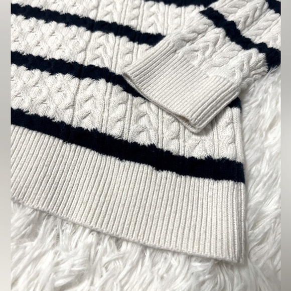 Draper James White Navy Nautical Stripe Cable Knit Crewneck Sweater - Size XS - Picture 2 of 7